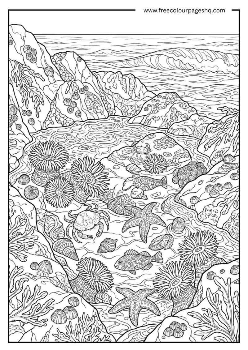 detailed beach tide pool coloring page for adults