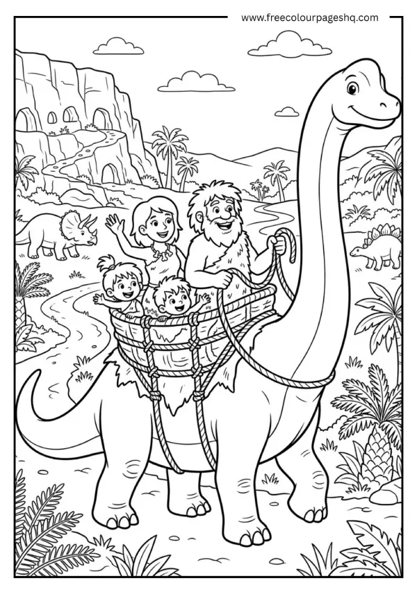 dinosaur and caveman scene coloring page