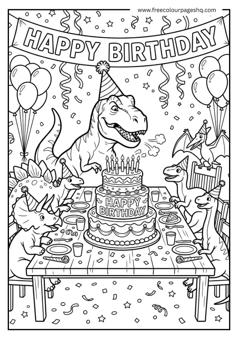 dinosaur at birthday party coloring page