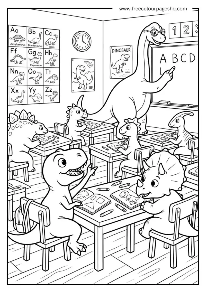 dinosaur at school coloring page