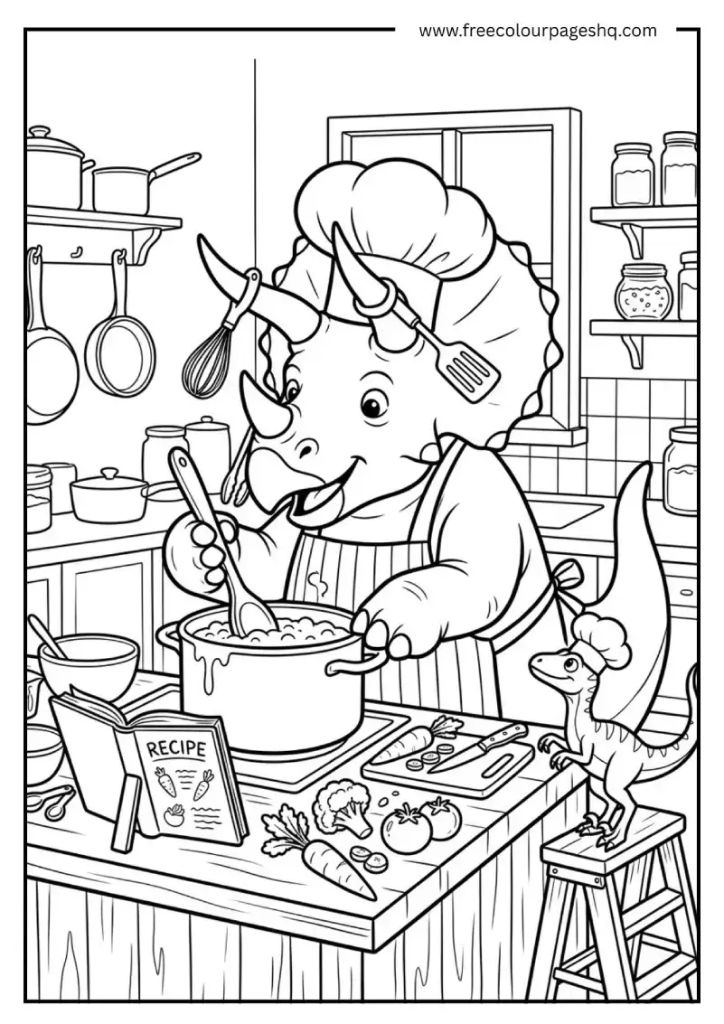 dinosaur cooking in kitchen coloring page