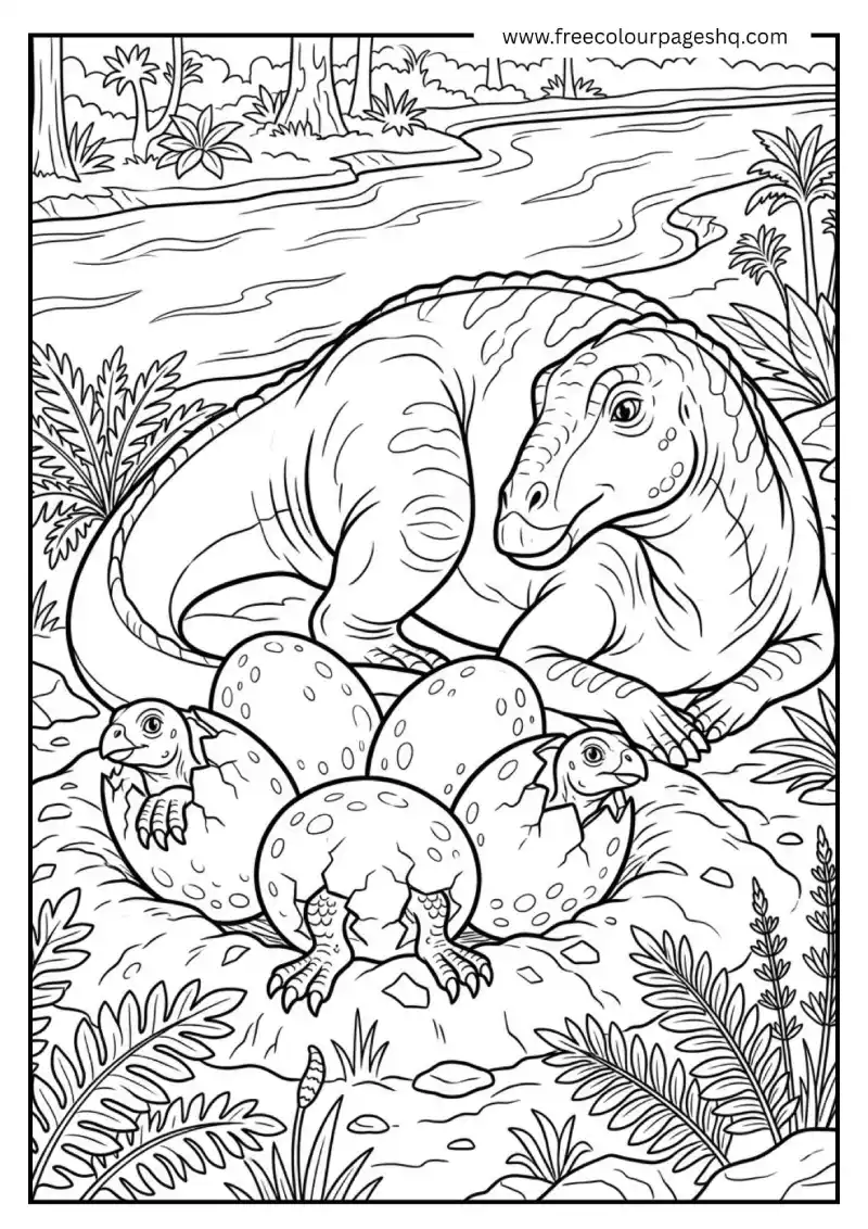 dinosaur egg nest hatching scene coloring page