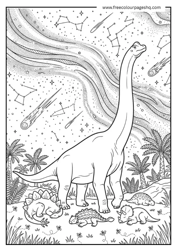 dinosaur night sky stargazing coloring page