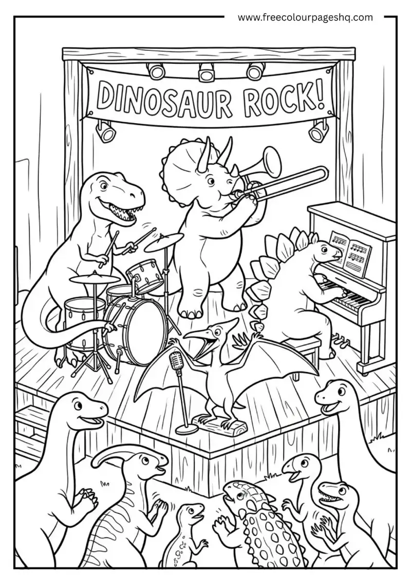 dinosaur playing musical instruments coloring page