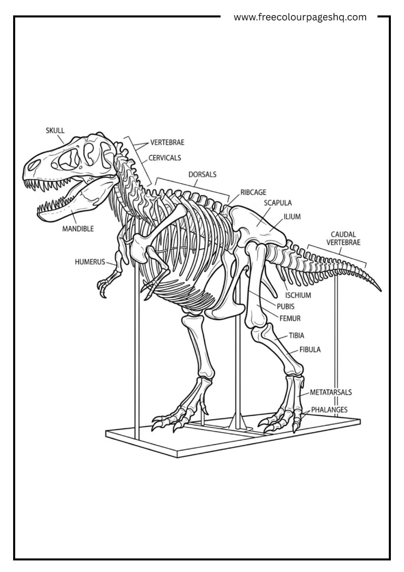 dinosaur skeleton detailed coloring page adults