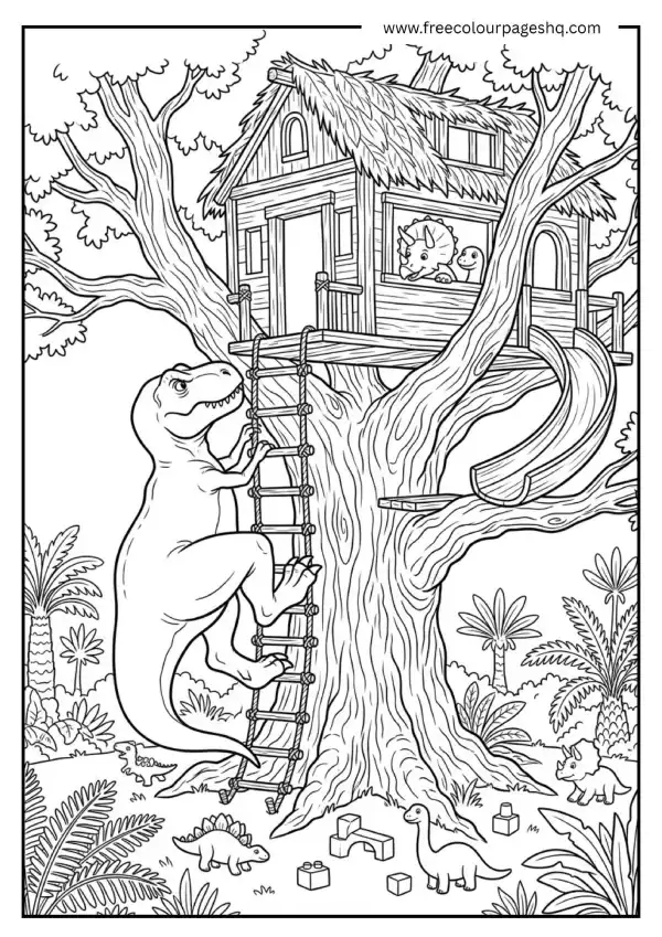dinosaur treehouse coloring page for kids