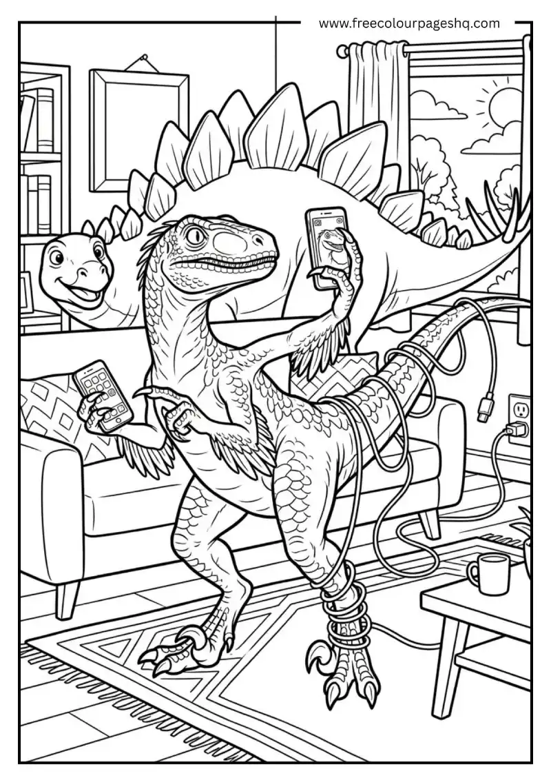 dinosaur using smartphone coloring page