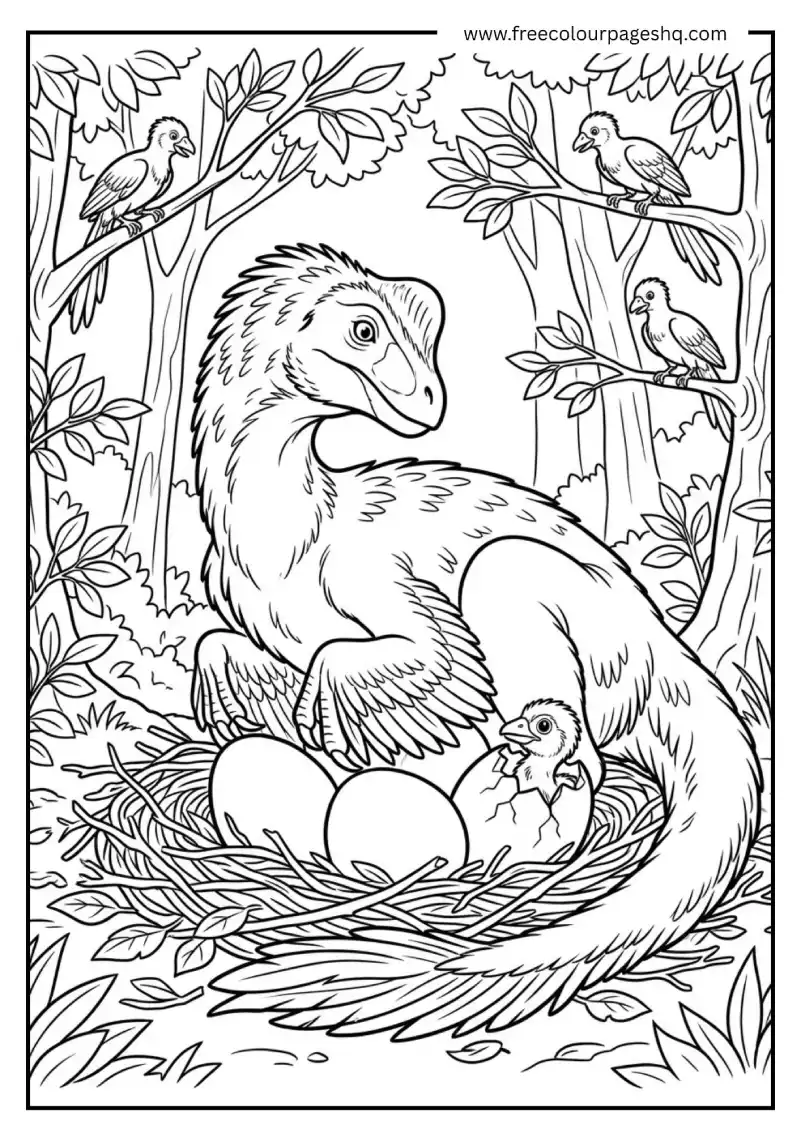 dinosaur with baby bird evolutionary coloring page