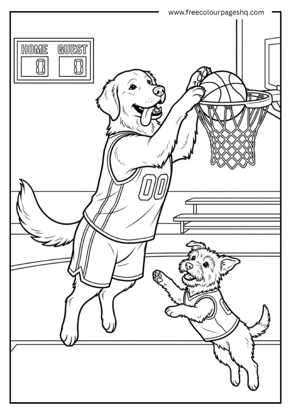 dog playing basketball coloring page