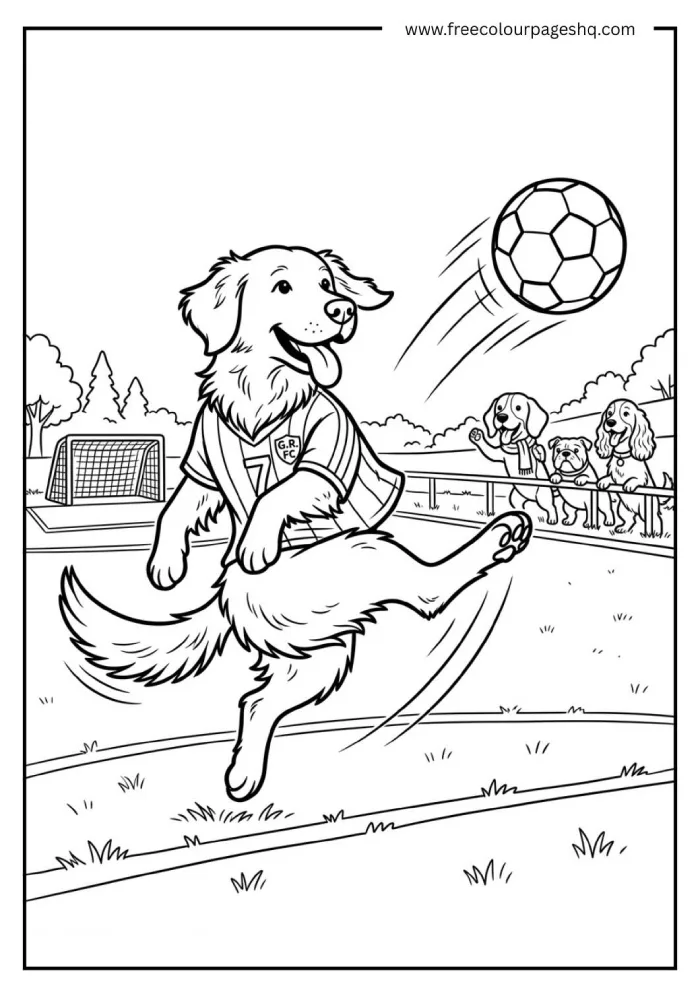 dog playing soccer coloring page