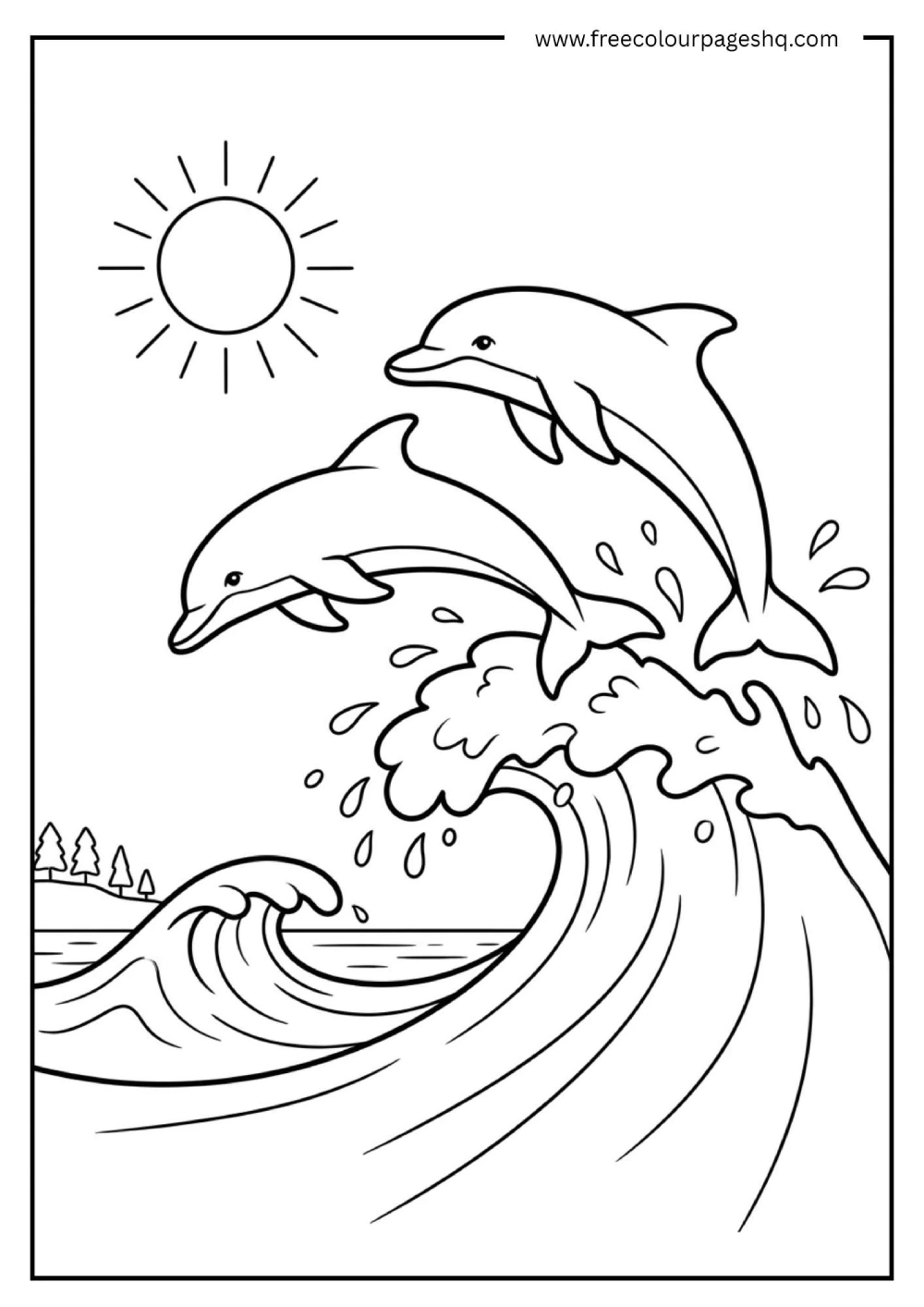 dolphin jumping wave coloring page for kids