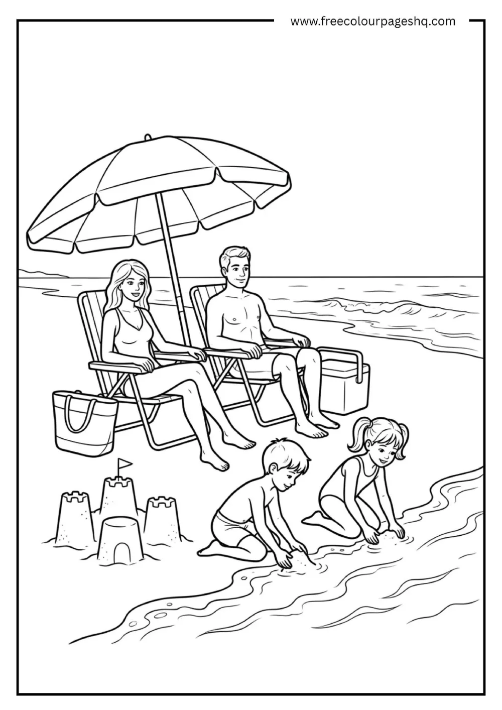 family beach day coloring page for kids