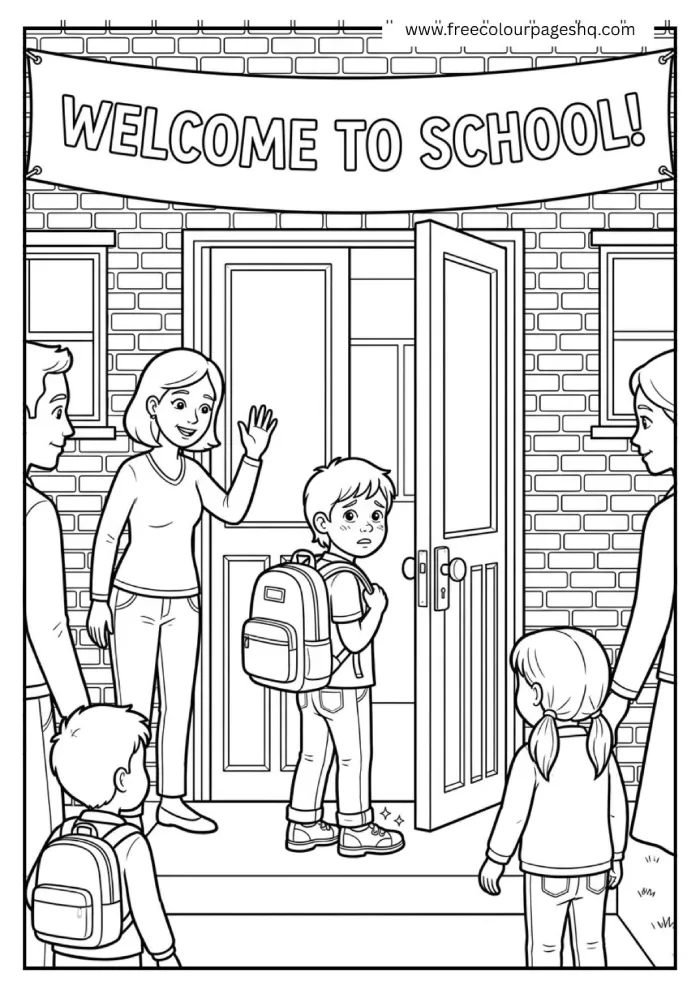 first day of school child at door coloring page first day of school child at door coloring page