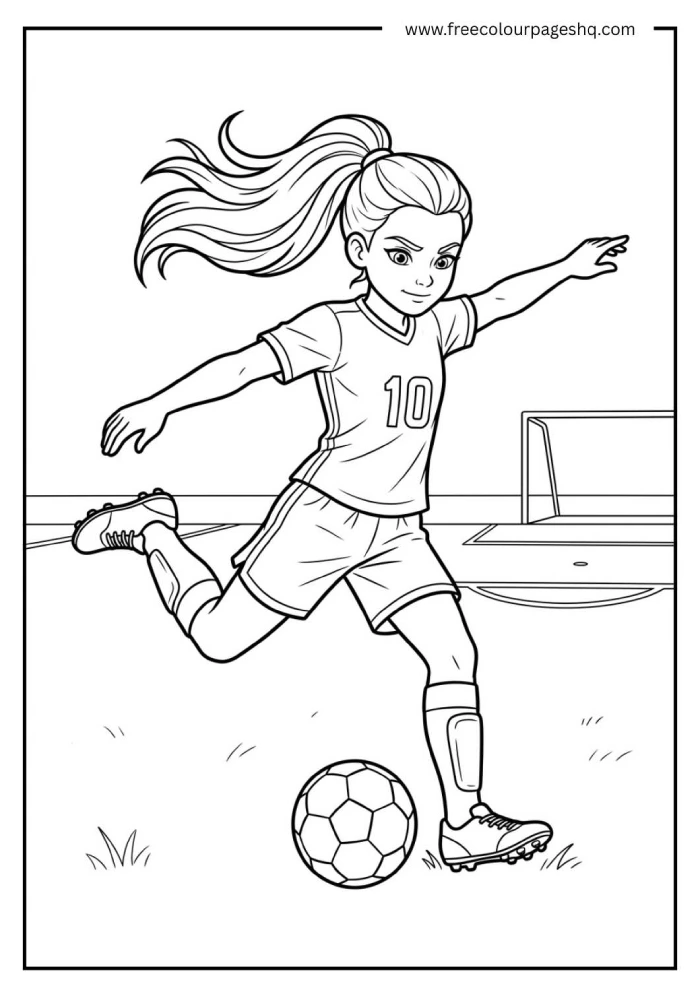 girl soccer player kicking coloring page