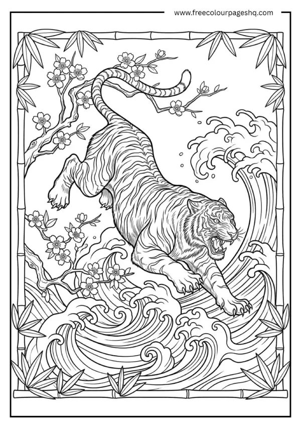 japanese tiger art style coloring page