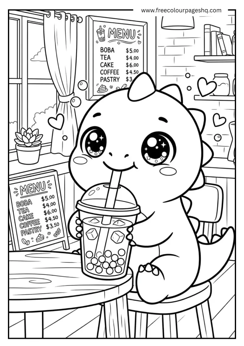 kawaii dinosaur drinking boba tea coloring page