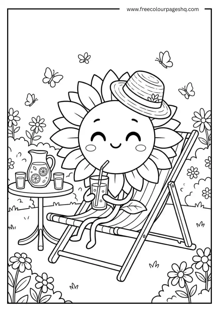 kawaii sunflower drinking lemonade coloring page