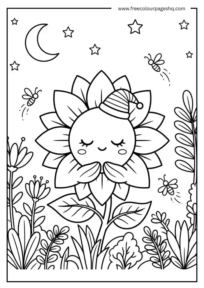 kawaii sunflower sleeping at night coloring page
