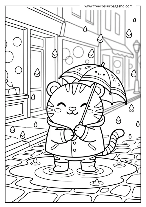 kawaii tiger in rain with umbrella coloring page