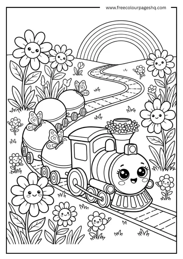 kawaii train in flower field coloring page kawaii train in flower field coloring page