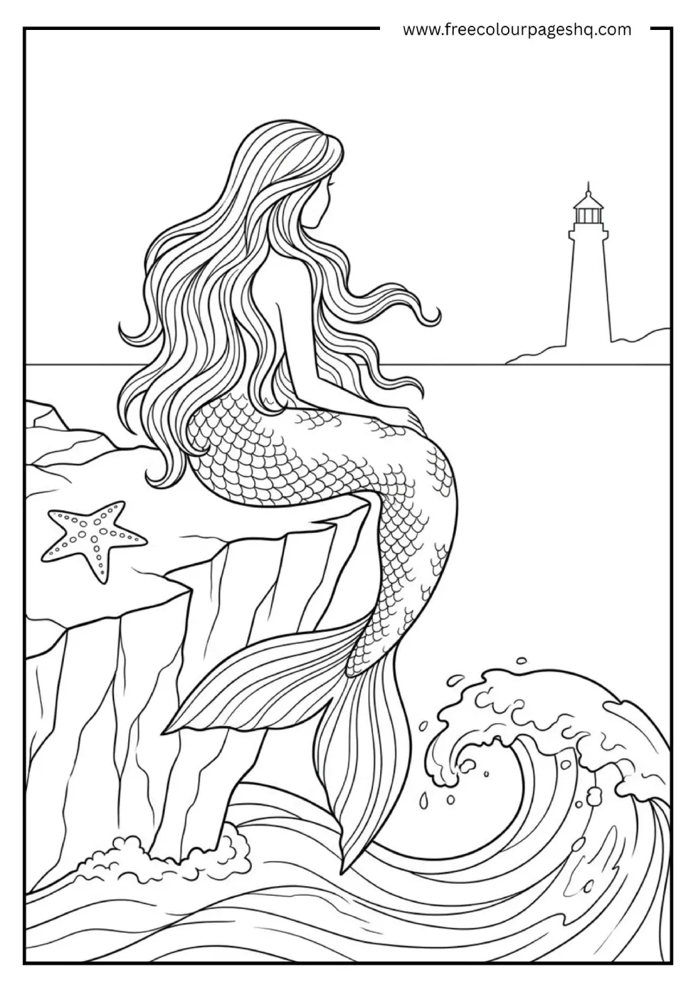 mermaid on beach rocks coloring page for teens