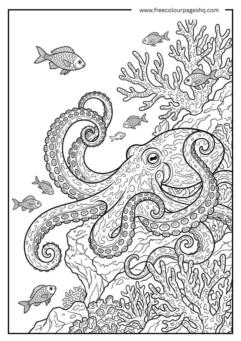 octopus hiding in coral coloring page for adults