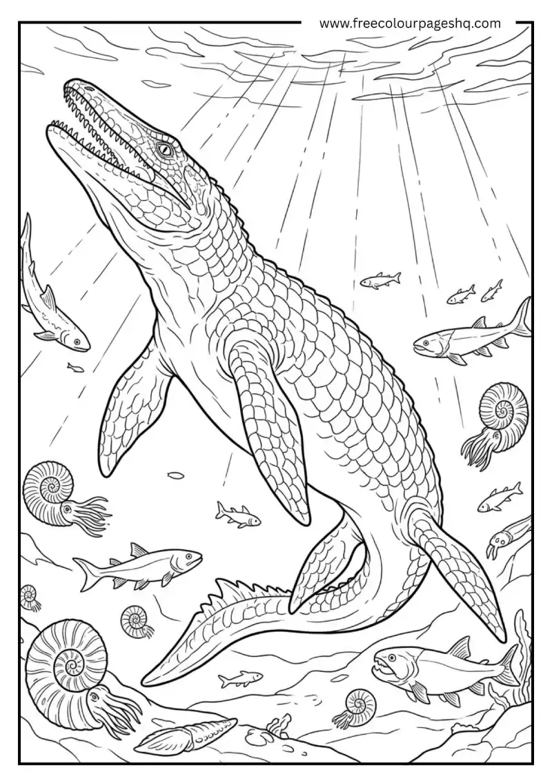 realistic mosasaurus underwater coloring page