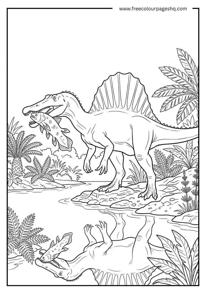 realistic spinosaurus by river coloring page