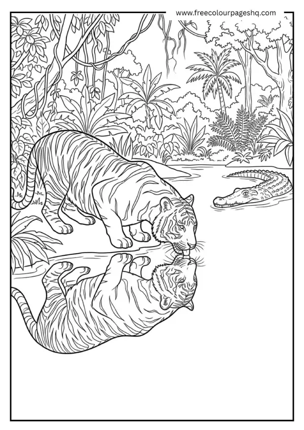 realistic tiger at waterhole coloring page