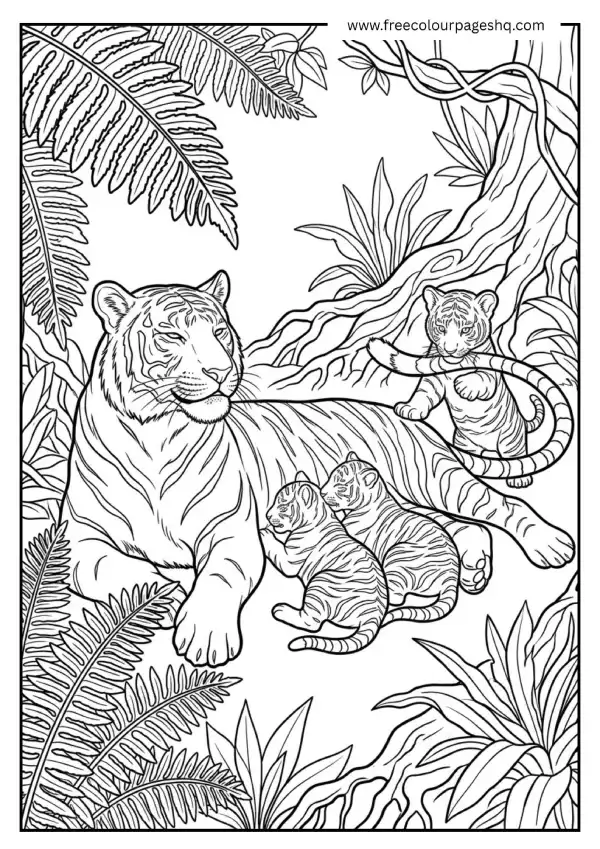 realistic tiger mother with cubs coloring page