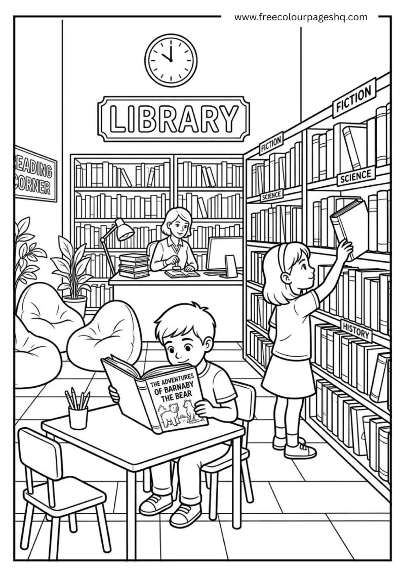 school library reading scene coloring page school library reading scene coloring page