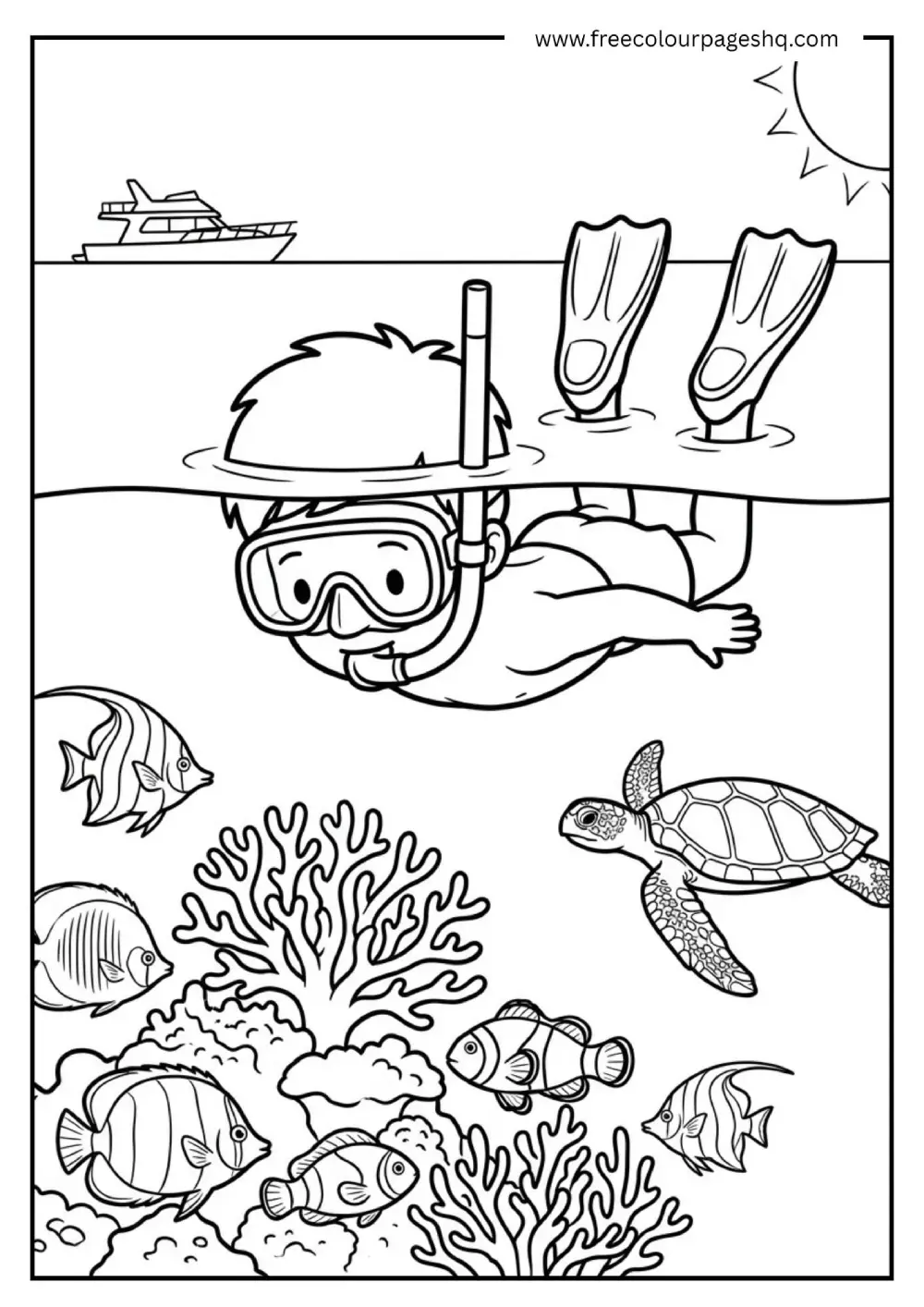 snorkeling coloring page for kids