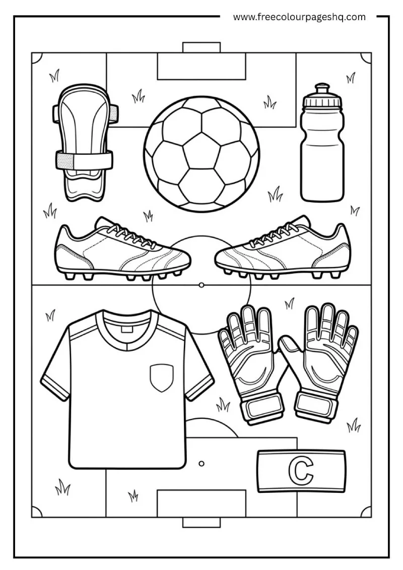 soccer equipment flat lay coloring page