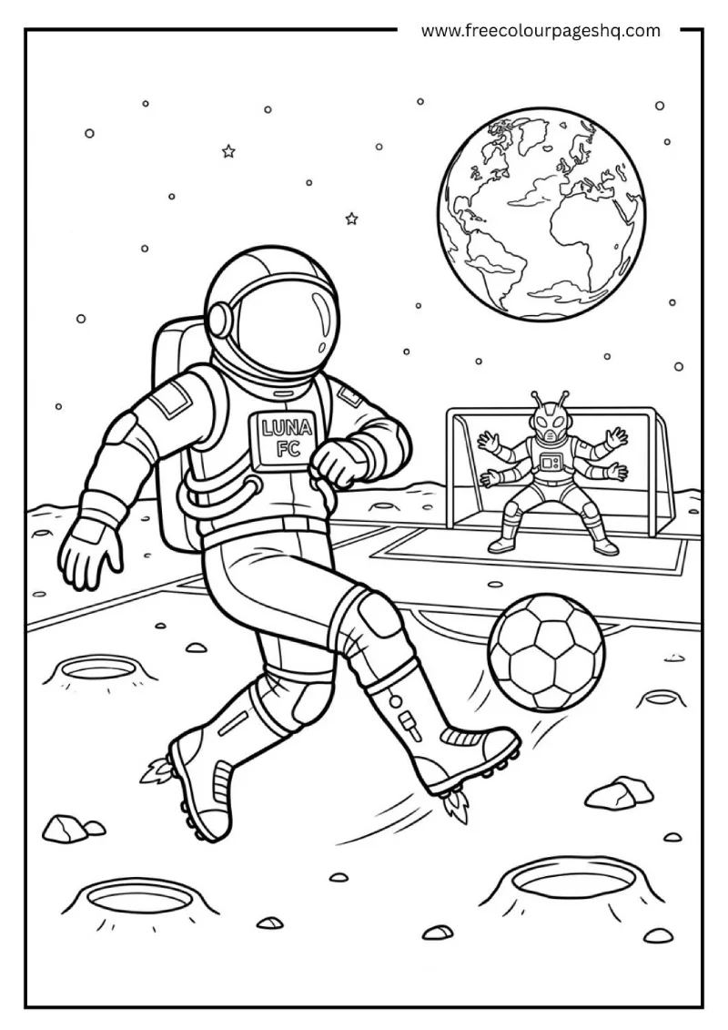 soccer player in space coloring page