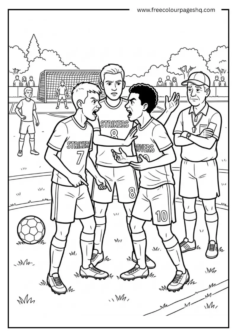 soccer player kids arguing over foul coloring page