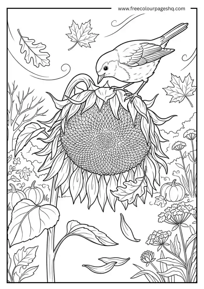 sunflower autumn scene coloring page