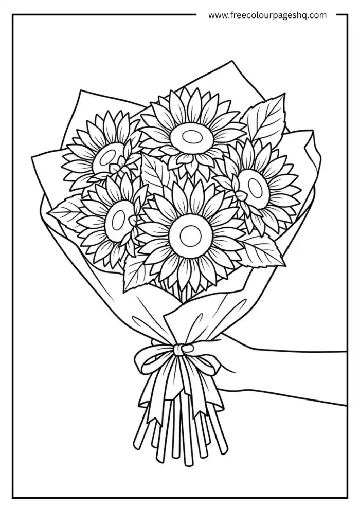 sunflower bouquet coloring page for kids