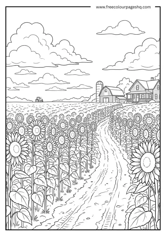 sunflower field farm scene coloring page