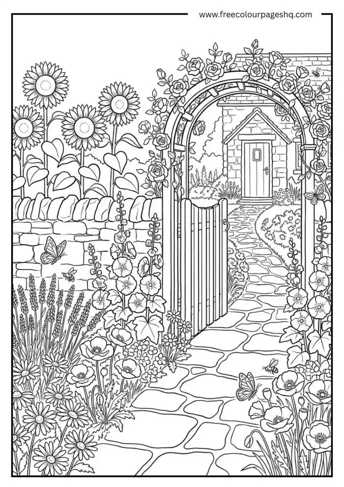 sunflower garden cottage coloring page