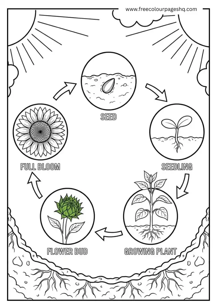 sunflower life cycle educational coloring page