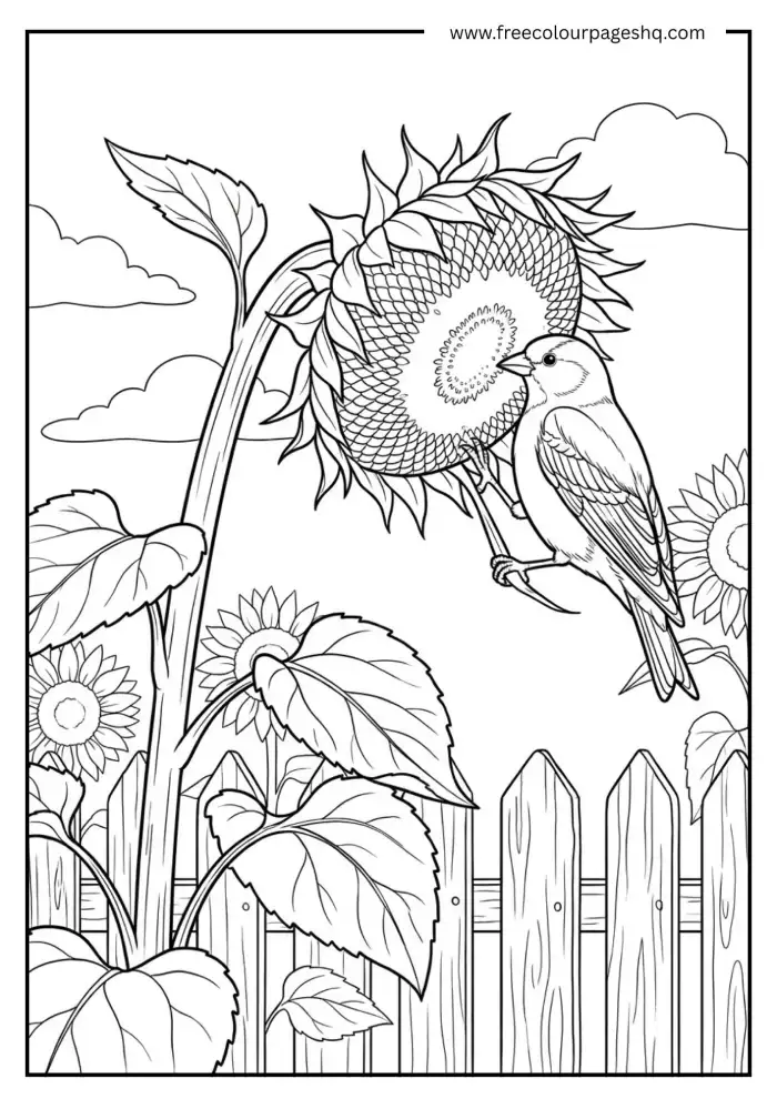 sunflower with goldfinch bird coloring page