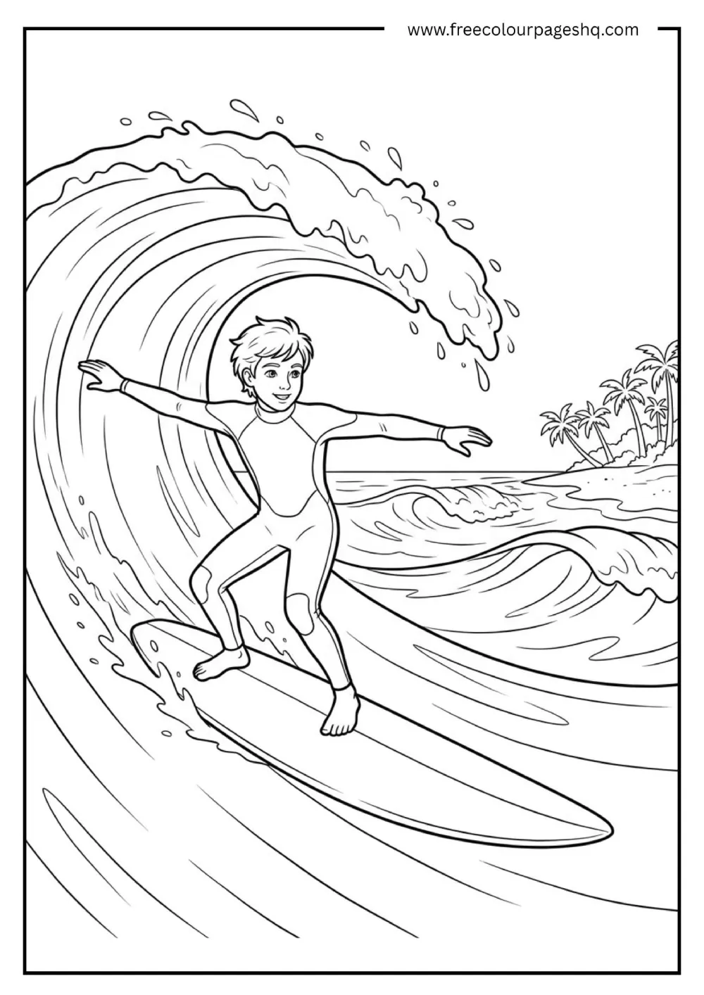 surfing coloring page for kids and teens