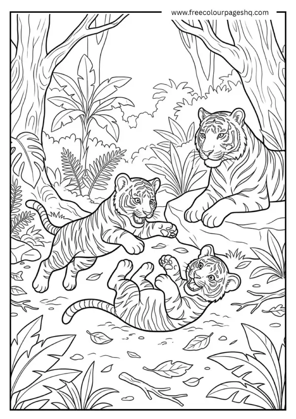 tiger and cubs playing coloring page