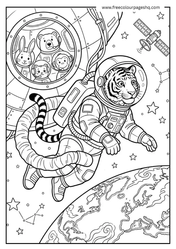 tiger astronaut space coloring page