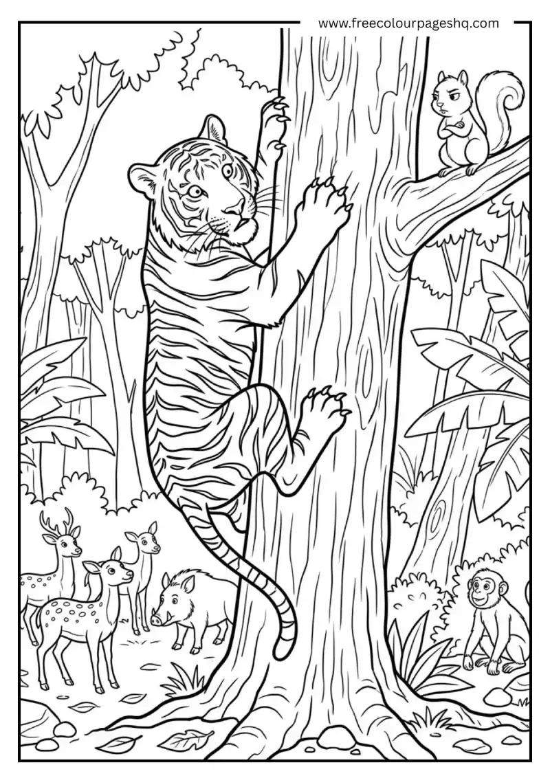tiger climbing tree coloring page