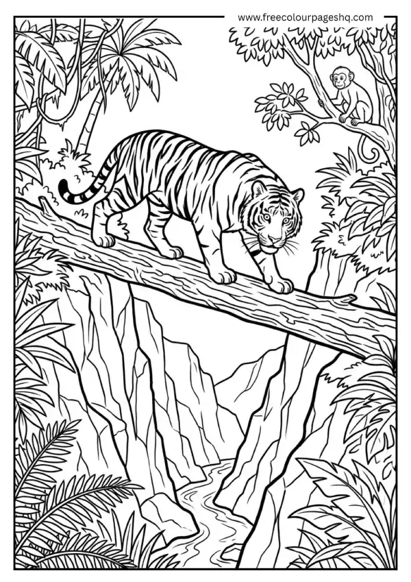 tiger crossing log bridge coloring page