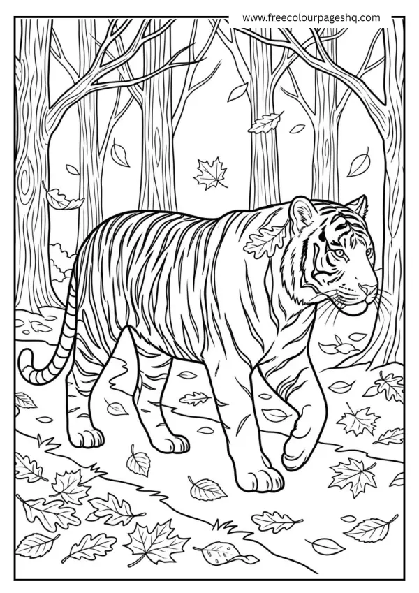 tiger in autumn forest coloring page