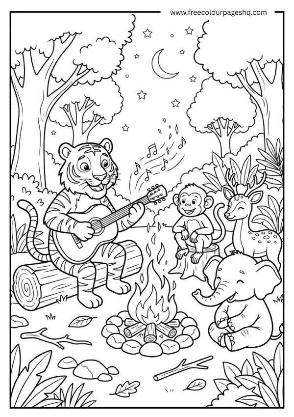 tiger playing guitar campfire coloring page