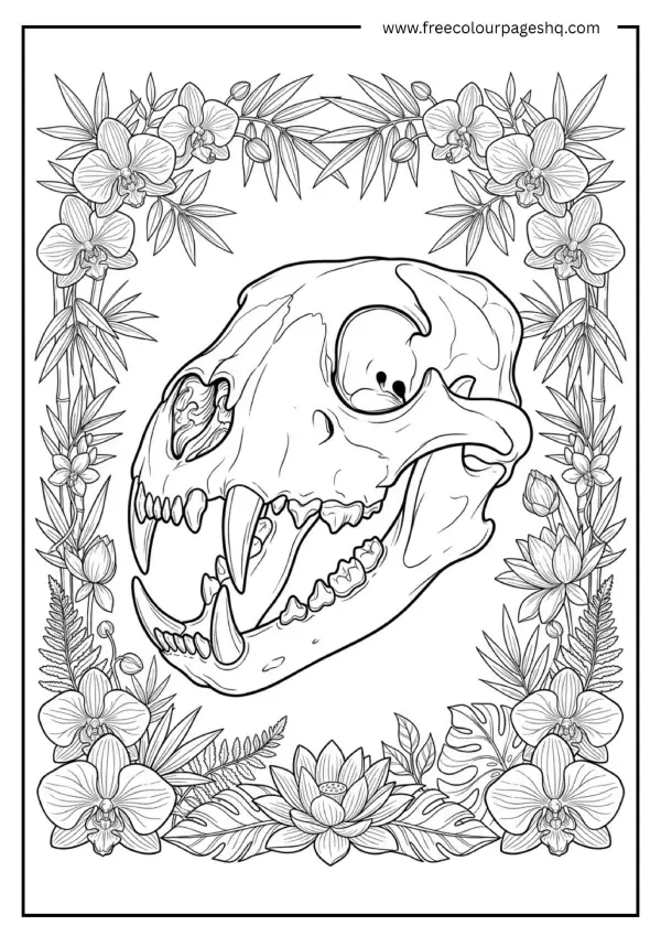 tiger skull botanical illustration coloring page