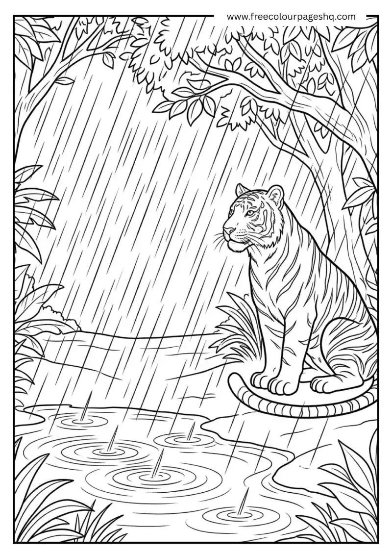 tiger watching rain jungle coloring page